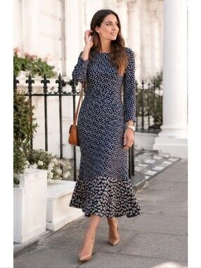 Boden Philippa Jersey Knit Midi Dress Navy Blue Rainbows Ruffle Soft Stretch